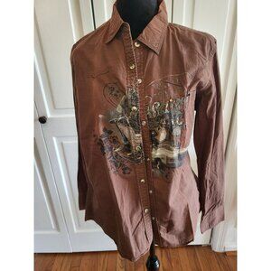 Natural Reflections Brown Western Graphic Snap Long Sleeve L Rodeo Cowgirl Bling